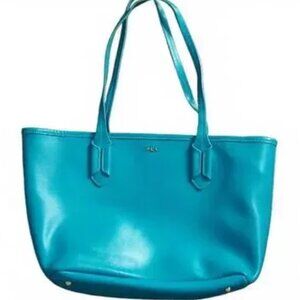 Lauren Ralph Lauren Teal Leather Tote Bag Gold Hardware Zip Top Saffiano Purse